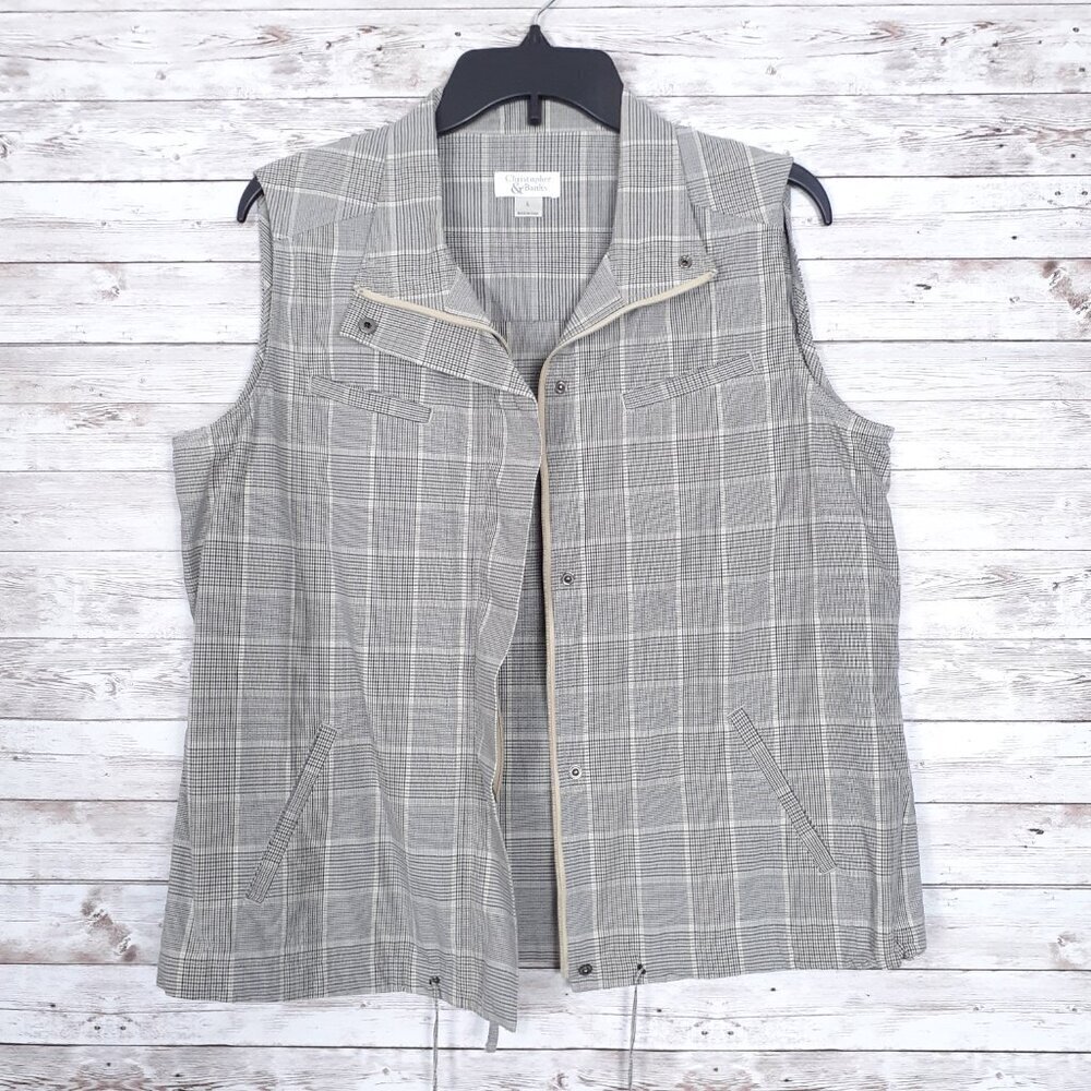Christopher & Banks Womens Vest L Beige Black Plaid Zip Snap 247 - Picture 2 of 7